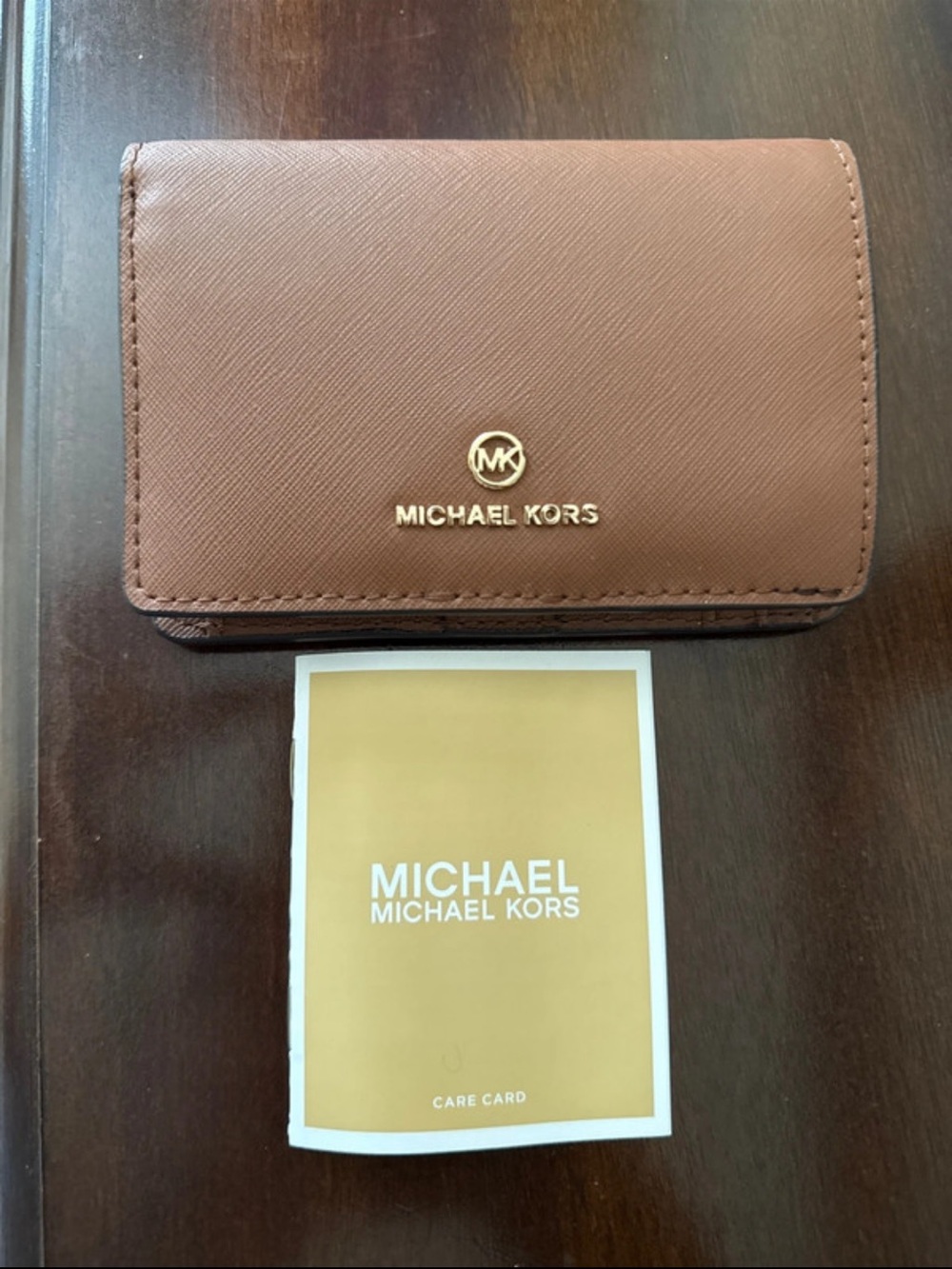 Michael Kors Tan Saffiano Leather Card Holder with Gold Logo